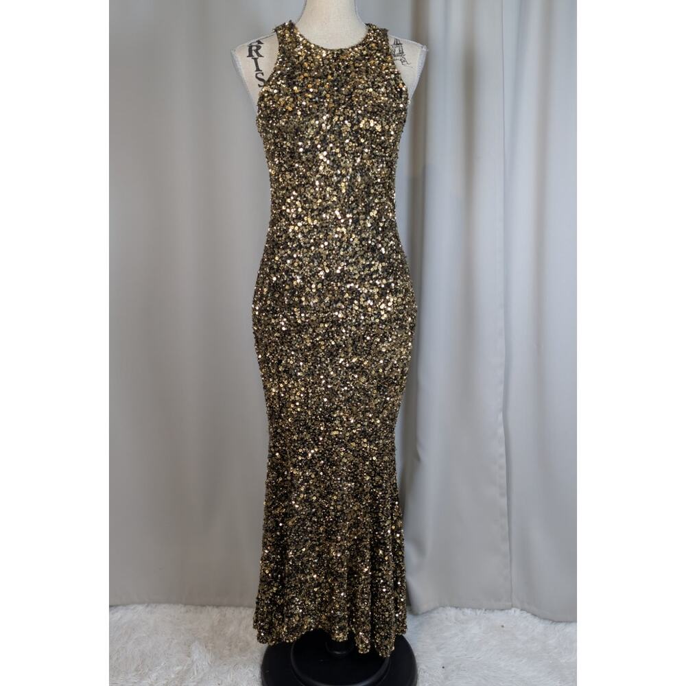 Theia Gold Sequin Gown Size 4 Black Gold Sleeveless Mermaid Maxi Dress - Picture 16 of 16